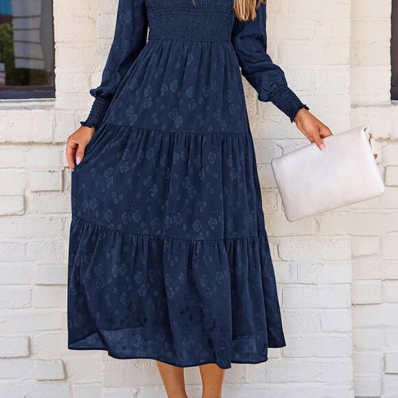 Women's Floral Midi Dress Long Sleeve Pockets Elegant Fall Spring Party Wear - Picture 4 of 8